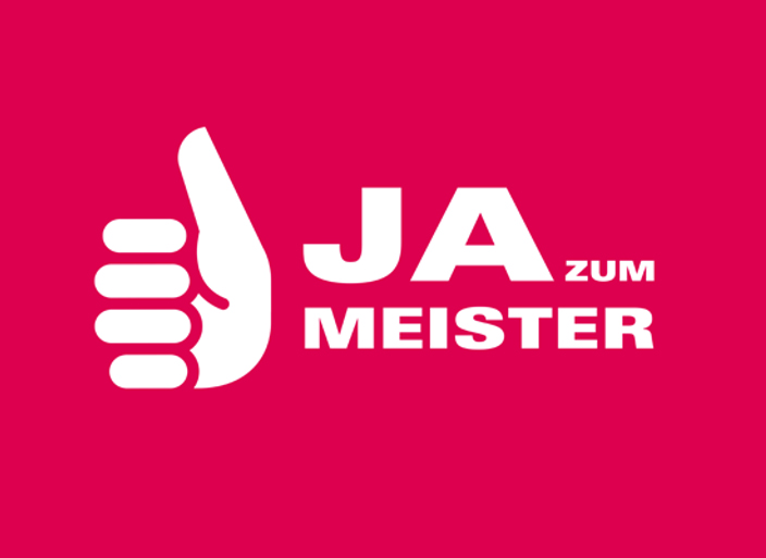 Ein Plakat in dem Pink der Image-Kampagne des Handwerks. Darauf in weiß der Daumen nach oben und der Schriftzug 