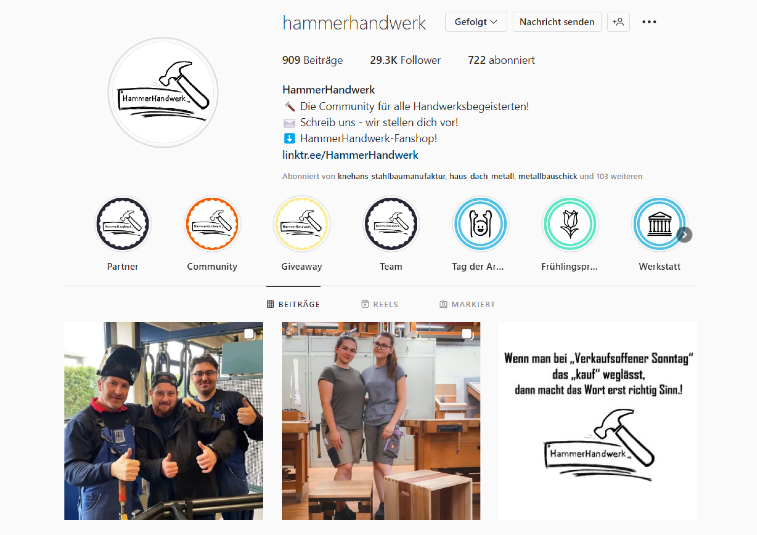 Der Instagramm Account von hammerhandwerk auf dem ein Beitrag von der Hans Gottsberg GmbH als 
